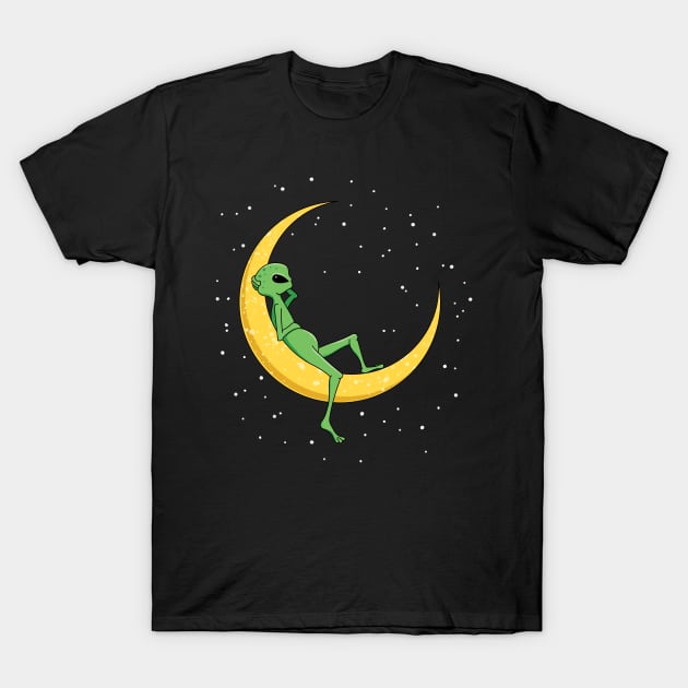 Alien Chilling on Crescent Moon T-Shirt by cottoncanvas